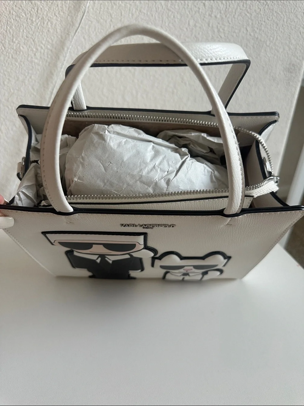 Karl Lagerfeld White Leather Cartoon Patch Top-Handle Tote
